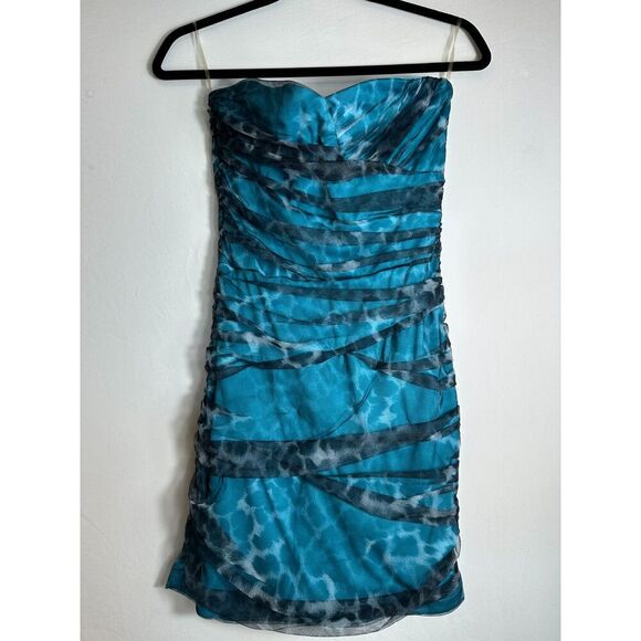 Vintage Y2K Teeze Me Black and Blue Animal Print Strapless Dress Size Small - Picture 3 of 12